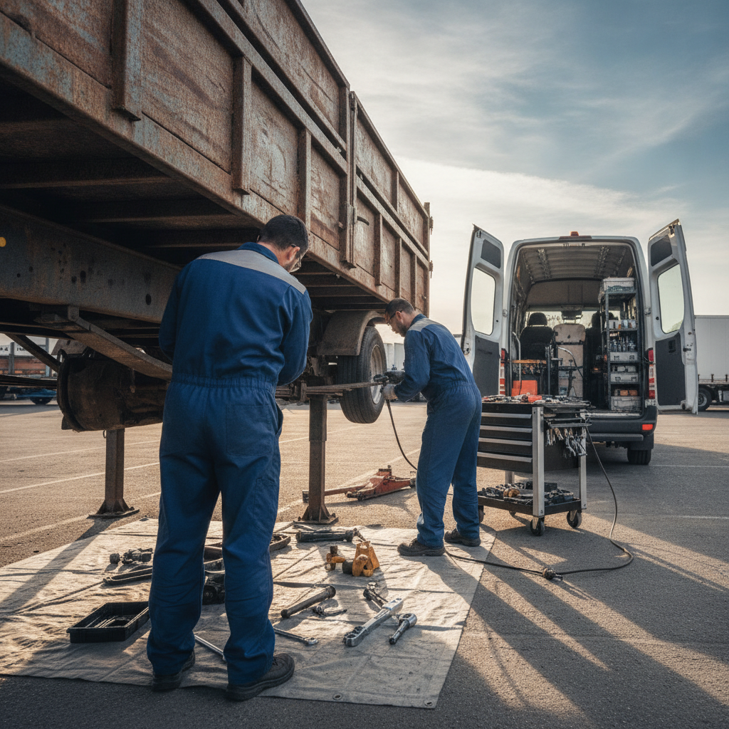 Create a realistic, professional service-business photograph showing Mobile Trailer Suspension Repair from behind, with the backs of their heads visible. Do not show any faces, facial features, front-facing views or side views, profiles, or