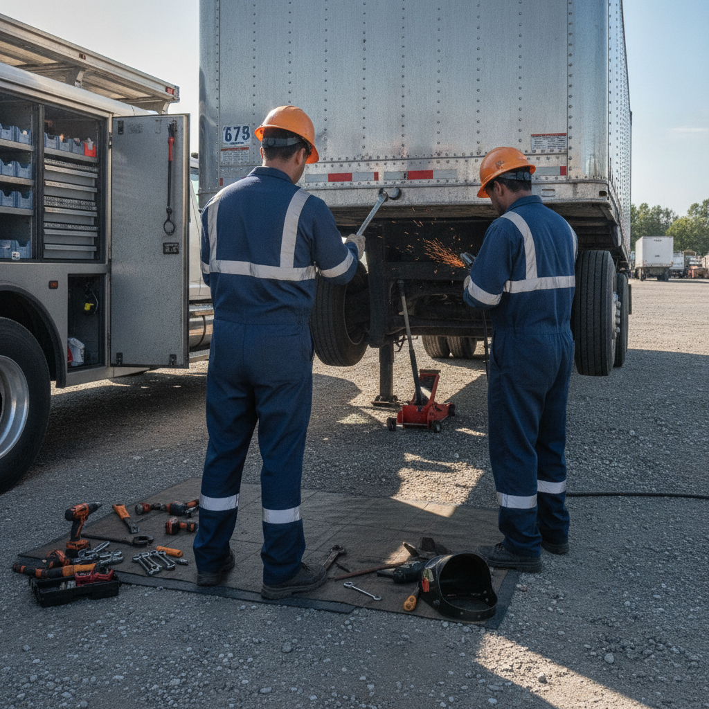 Create a realistic, professional service-business photograph showing Mobile Trailer Repair from behind, with the backs of their heads visible. Do not show any faces, facial features, front-facing views or side views, profiles, or identifiab