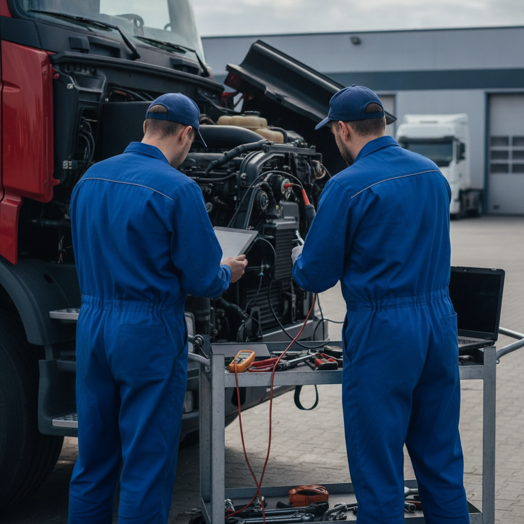 Create a realistic, professional service-business photograph showing Mobile Truck Diagnostics from behind, with the backs of their heads visible. Do not show any faces, facial features, front-facing views or side views, profiles, or identif