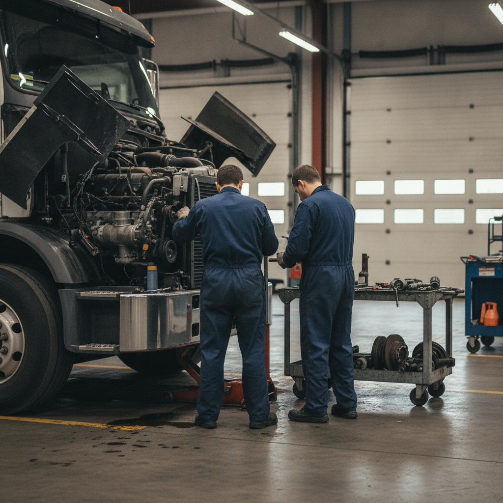 Create a realistic, professional service-business photograph showing Semi-Truck Repair from behind, with the backs of their heads visible. Do not show any faces, facial features, front-facing views or side views, profiles, or identifiable p