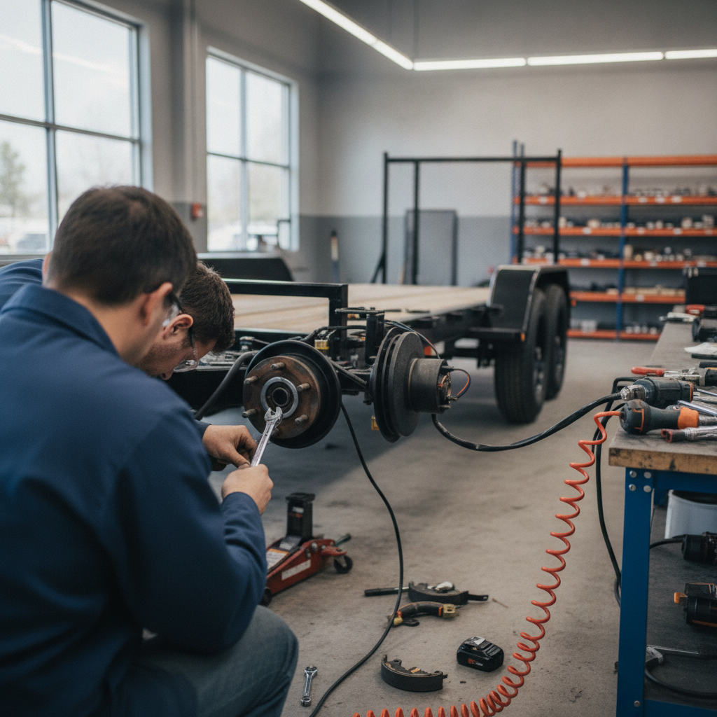 Create a realistic, professional service-business photograph showing Trailer Brake Repair from behind, with the backs of their heads visible. Do not show any faces, facial features, front-facing views or side views, profiles, or identifiabl